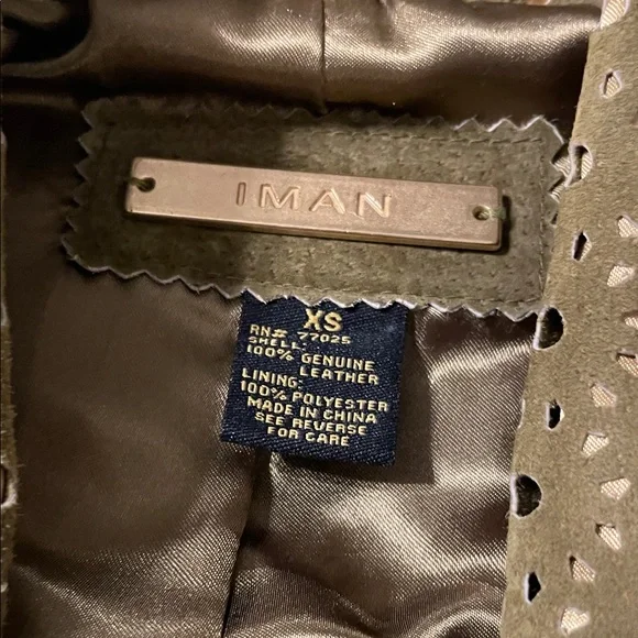 IMAN Olive Green Suede Open-Front Blazer with Embellished Collar 💯 leather - Picture 4 of 8